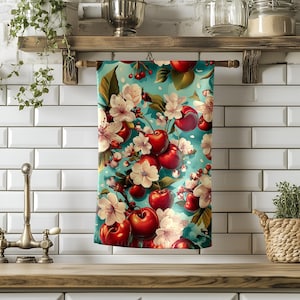 Cherry Blossom Kitchen Towel, Floral Fruit Dish Towel, Botanical Kitchen Linen, Cherry Print Hand Towel, Watercolor Cherry Blossom Towel