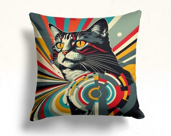 Retro Cat Themed Pillow Cover, Cat Themed Pillow Case with Glasses, Cat Pillow Case, Cute Animal Pillow Case, Housewarming Gift
