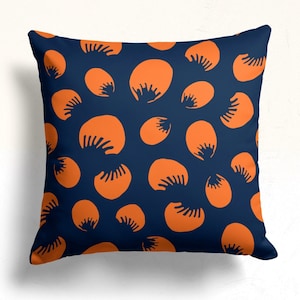 Abstract Orange Petal Navy Blue Throw Pillow Cover, Hand-Drawn Abstract Orange Floral Navy Cushion Cover, Artistic Floral Pillow