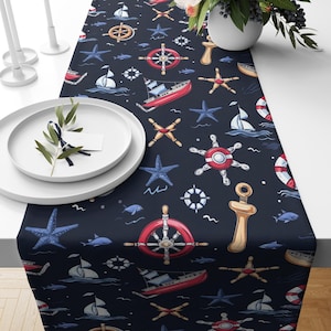 Marine Table Runner, Nautical Table Runner, Sea Turtle Design Table Runner, Fish Design Table Runner, Anchor Design Table Runner