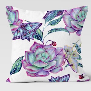 Purple Green Succulent Throw Pillow, Stunning Colorful Floral Pillow Cases, Summer Cushions, Botanical Moth Cushion, Botanical Cushion Cover