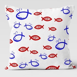 Cojín con temática de océano rojo y azul, almohadas de pececitos, cojín decorativo con pececitos adorables, funda de almohada con estampado náutico, funda de almohada de casa de playa