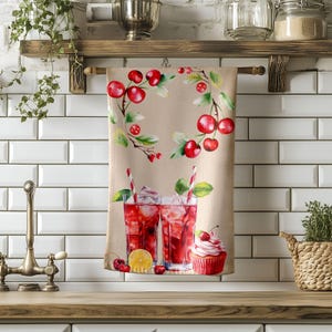 Cherry Drinks Kitchen Towel, Summer Cocktail Hand Towel, Fruit Wreath Dish Towel, Fresh Picked Cherries Kitchen Towel, Cherry towel