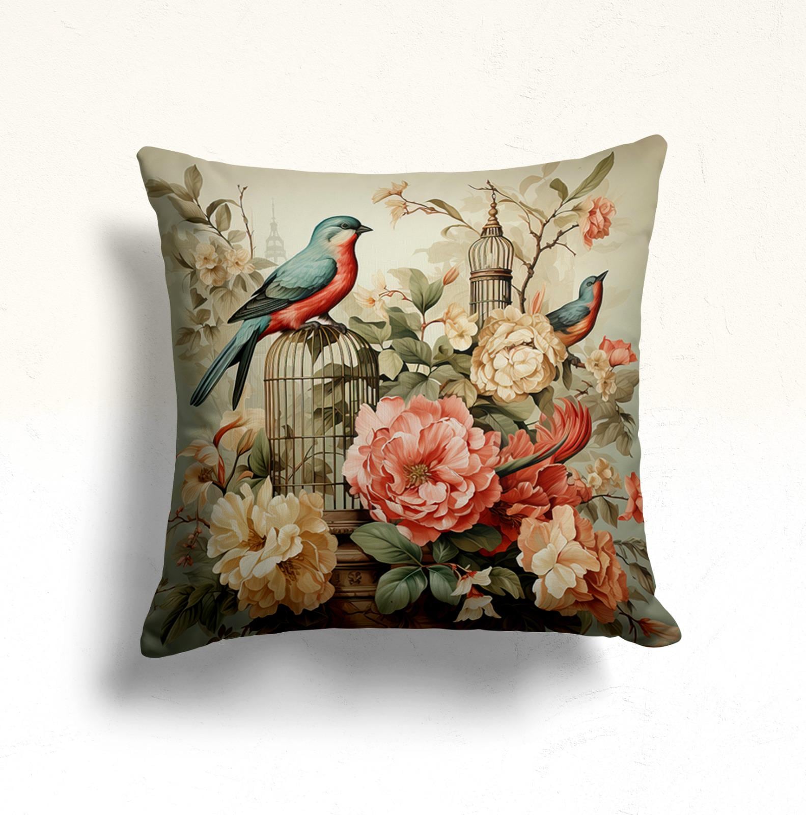 Decorative Bird Pillow Cover, Floral Bird Pillow Case, Bird Cage Pillow, Blue Birds Pillow Case, Red Birds Pillow Case, Housewarming Gift