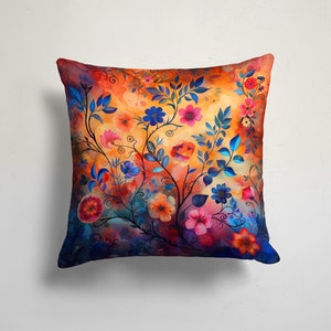 Vibrant Fantasy Floral Pillow Cover, Colorful Dream Garden Throw Pillow, Bold Artistic Flower Pillow, Jewel Tone Floral Pillow
