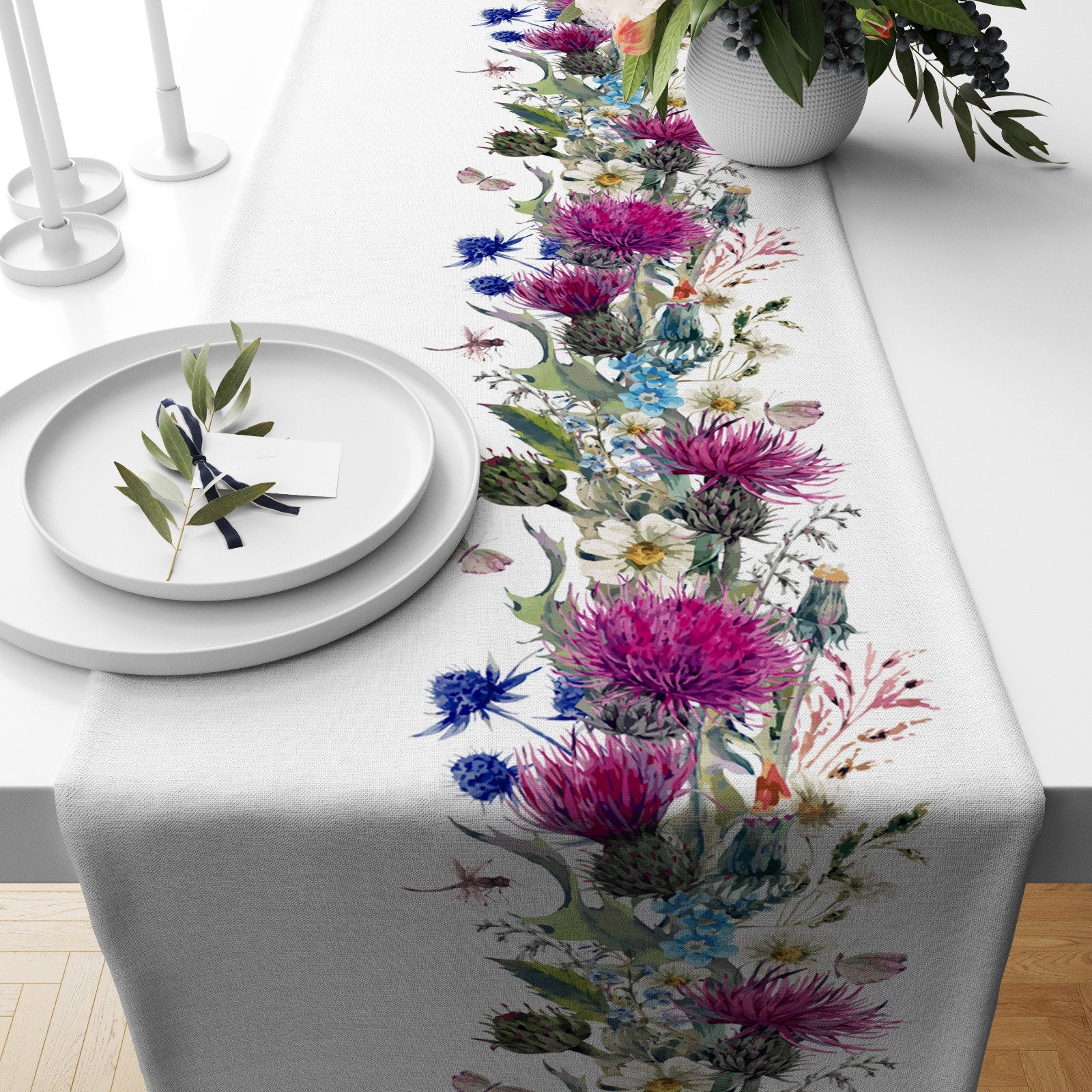 Meadow Flowers Printed Table Top, Purple Hyacinth Printed Table Runner, Big Pink Flower Printed Table Runner, Floral Birds Printed Table Top