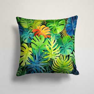 Tropical Leaves Pillow Cover, Exotic Botanical Throw Pillow, Jungle Theme Accent Pillow, Watercolor Tropical Foliage Pillow, Monstera Pillow