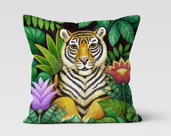 Tiger Print Throw, Vibrant Tropical Leaf Pillow Cover, Lush Jungle Print Cushion Cover, Bold Tropical Floral Throw Pillow, Botanical Pillow
