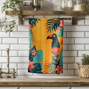 Tropical Toucan Kitchen Towel, Jungle Bird Hand Towel, Floral towel, Palm Tree Hand Towel, Exotic Kitchen Decor towel,Summer Home Gift Towel