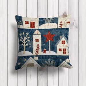 Winter Village Throw Pillow Cover, Rustic Christmas Cushion, Cozy Cabin Decorative Pillow, Winter Cushion Cover, Pine Tree Print Pillow Case