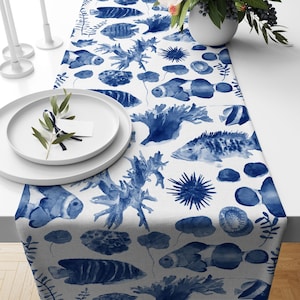 Blue Watercolor Fish & Coral Table Runner, Sea Turtle Design Table Runner, Nautical Table Runner, Marine Table Runner