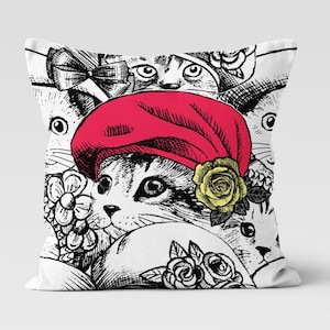 Funda de almohada elegante con diseño de gato, cojín decorativo con gatos a la moda, cojín con arte felino ecléctico, almohada con retrato de mascota, funda de almohada para mascotas, funda de almohada para gatos