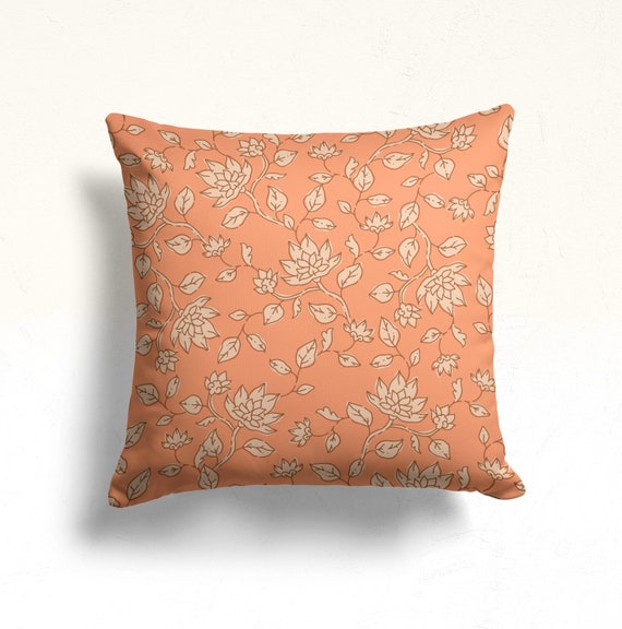 Peach Floral Throw Pillow Cover, Delicate Botanical Cushion