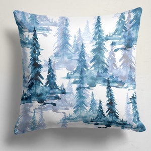 Cuscino con albero di pino, federa invernale rustica blu e bianca, federa per cuscino con foresta di pini, federa per cuscino invernale, federe moderne
