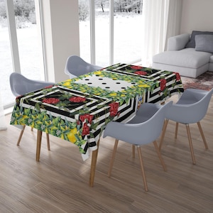 Lemon Flower Decor Tablecloth, Tropical Tablecloth, Botanical Tablecloth, Lemon Tablecloth, Striped Tablecloth, Red Flower Tablecloth