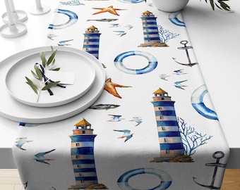 Nautical Lighthouse Table Runner, Beach House Table Runner, Watercolor Lighthouse Table Runner, Nautical Table Runner, Marine Table Runner