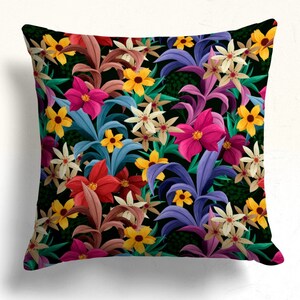 Vibrant Tropical Floral Pillow Cover, Flowers Pillowcover, Decorative Pillowcover, Mother&#39;s Day Gift, Dark Background Botanical Throw Pillow