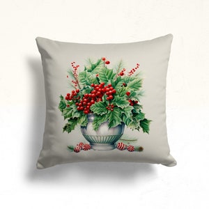 Christmas Holly & Berries Pillow Cover, Festive Floral Cushion Case, Holiday Vase Cushion Case, Holly Berry Pillow Cover, Holly Pillow