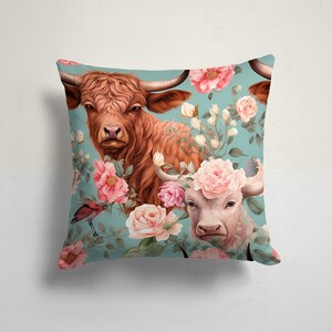 Cojín con estampado de vaca de las Tierras Altas, funda de almohada con estampado de vaca floral, cojín con estampado de vaca de las Tierras Altas en acuarela, funda de almohada de estilo rústico, cojín decorativo