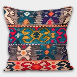 Bohemian Kilim Pattern Throw Pillow Cover, Ethnic Geometric Cushion, Southwestern Style Decorative Pillow, Rug Design Pillow Covers