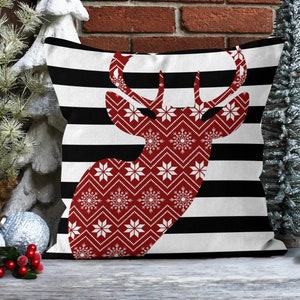 Christmas Reindeer Pillow Cover, ed Buffalo Plaid Deer Cushion, Striped Throw Pillow, Christmas pillow, Christmas cushion, Reindeer Pillow