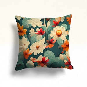 Vibrant Modern Floral Cushion Cover, Retro Inspired Floral Pillow Cover, Chic Botanical Daisy Cushion, Statement Floral Pillow Case
