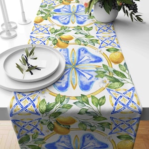 Italian Lemon Tile Table Runner, Vibrant Baroque Lemon Print Table Runner, Tuscan Blue and Yellow Table Runner, Italian Table Runner
