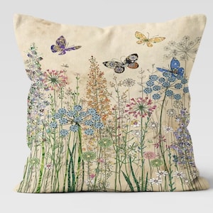 Funda de cojín con flores silvestres y mariposas, funda de almohada con mariposas estilo cottagecore, cojín decorativo bonito, cojín con ilustración botánica