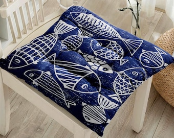 Fish pattern chair cushion,Navy blue chair cushion,Navy blue fish patterned chair cushion,sailor chair cushion,palm patterned cushion