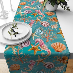 Coastal Seahorse & Seashell Table Runner, Nautical Table Runner, Sea Horse Design Table Runner, , Starfish Design Table Runner