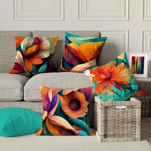 Vivid Floral Cushion Cover: Contemporary Throw Pillow, Polyester Cotton Blend