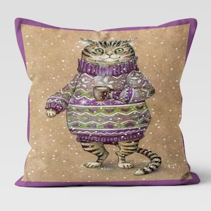 Cute Cat in Sweater Throw Pillow, Whimsical Knitted Sweater Cat Pillow, Cozy Winter Cat Pillow,Animal Themed Sofa Cushion, Christmas Pillow