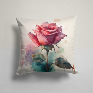 Artistic Pink Rose Pillow Cover, Romantic Rose Bloom Throw Pillow, Elegant Watercolor Rose Pillow Sham, Single Rose Design Cushion Cover