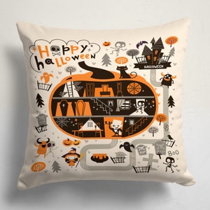 Happy Halloween Throw Pillow, Halloween Bat Pillow Cover, Witch Throw Pillow Cover , Halloween Cat Cushion Cover, Halloween Gift Idea