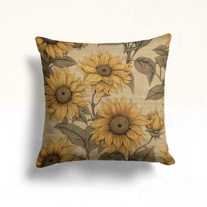 Sunflower Pillow Cover, Vintage Sunflower Design Pillow, Golden Sunflower Pillowcase, Botanical Art Cushion, Country Style Sunflower Pillow