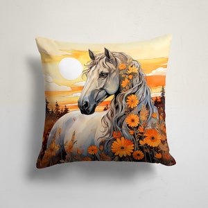 Majestic Horse with Sunflowers Pillow Cover, Golden Hour Horse Art Cushion, Painterly Horse Pillow, Horse Pillow Cover, Horse Pillowcase