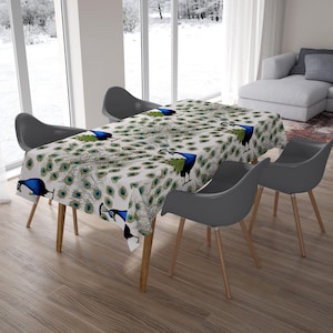 Elegant Peacock Feather Tablecloth, Blue Green Peacock Print Table Cover, Sophisticated Feather Table Linen, Unique Peacock Theme Tablecloth