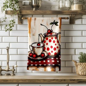 Cherry Teapot Kitchen Towel,  Polka Dot Kettle Hand Towel, Gingham Tea Time Dish Towel, Cherry Drinks Kitchen Towel, Gingham towel