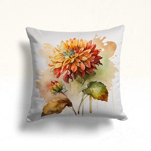 Autumn Dahlia Flower Pillow Cover, Watercolor Floral Cushion Case, Autumn Floral Watercolor Pillow Cover, Fall Botanical Throw Pillow