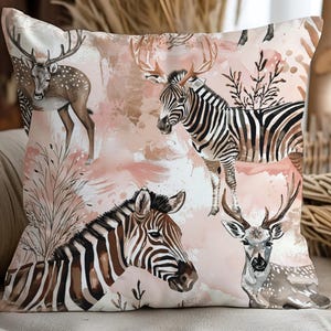Zebra & Deer Print Throw Pillow: Black White Animal Cushion Cover