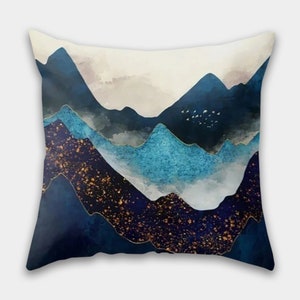 Mountain Pillow Cover, Decorative Pillow Cover, Landscape Pillowcases, Moon and Lake Throw Pillow, Brown Blue Pillow, Abstract Pillow Cover