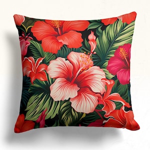 Tropical Hibiscus Floral Pillow Cover, Vibrant Red Hibiscus Throw Pillow, Exotic Floral Print Pillow Sham, Floral Cushioncase