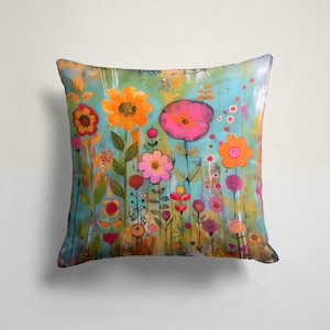 Vibrant Abstract Floral Pillow Cover, Colorful Painted Flowers Throw Pillow, Bright Botanical Art Pillow, Modern Impressionist Flower Pillow