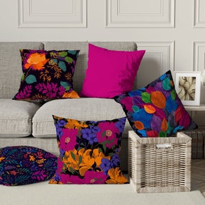 Hot Pink Floral Pillow Cover: Colorful Leaves, Botanical Cushion