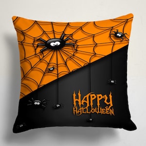 3D Spiderweb and Spider Halloween Pillow Cover, Modern Halloween Decor Throw Pillow Case,  Black and Orange Spooky Spiderweb Cushion Cover
