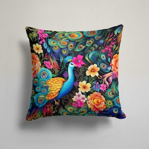Peacock Pillow Cover, Peacock Feather Cushioncase, Animal Print Throw Pillow, Blue Green Pillowcase, Peacock Pillow for Living Room Decor,
