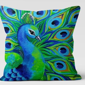 Peacock Feather Pillow Cover: Blue Green Bird Art, Velvet Throw Cushion