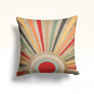 Retro Sunburst Art Throw Pillow Cover, 70s Inspired Sunbeam Decorative Pillow, Orange Yellow Red, Bold Colorful Sunburst Cushion
