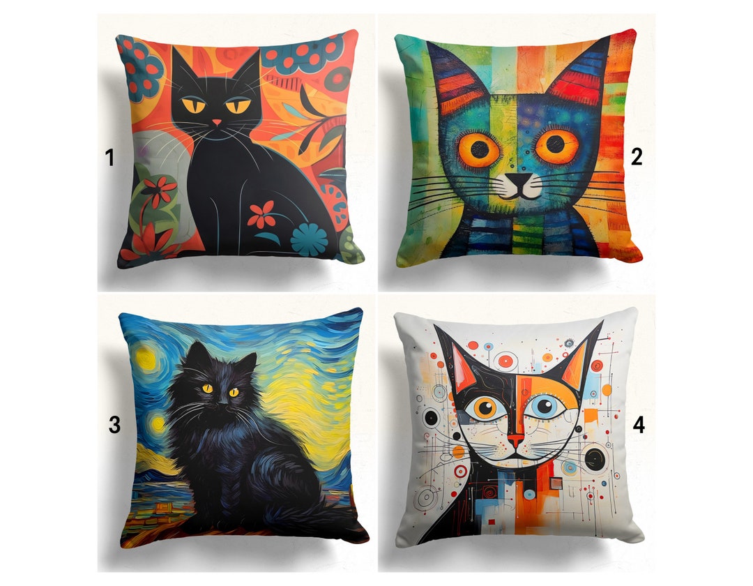 Black Cat Themed Pillow Cover, Black Cat Pillow Case, Modern Cat Draw