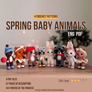 Gehaakt dierenpatroon amigurumi, gehaakt konijntje, amigurumi hond, gehaakte kat, amigurumi wasbeer, babydieren, lente haakwerk
